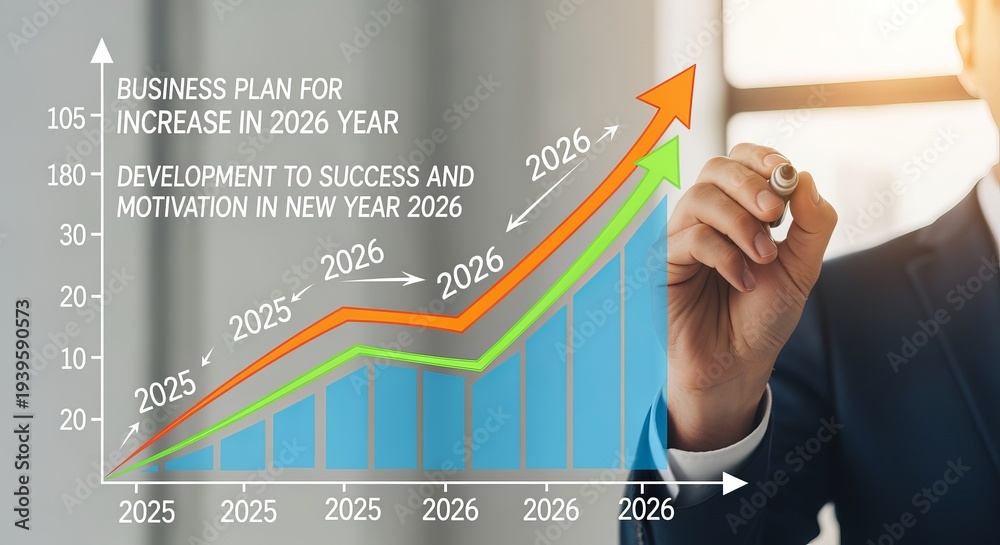 Business professional illustrates growth projections for 2026 with ...
