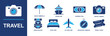© Ella - Travel icon set. Containing beach umbrella, cruise ship, currency bill, digital camera, hiking backpack, hotel bed, jet airplane, compass, travel ticket and more. Solid fill vector icons