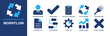 © Ella - Workflow icon set. Containing business person, check mark, checklist, cycle arrows, document file, flow arrows, gear cog, growth chart, decision fork and more. Solid fill vector icons