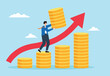 © RASEL - Flat illustration of businessman increase money stack with graph arrow up investment growth financial success compound interest capital gain profit pension fund wealth accumulation