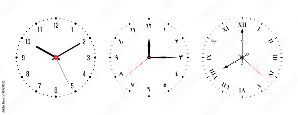 Clock faces showing roman, arabic numerals, and western numbers ...