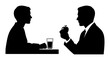 © Mokles90 - Two black silhouette male figures in profile, one holding an apple and the other seated at a table with a glass of water, representing a health or nutrition discussion vector.