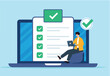 © RASEL - Flat illustration of remote worker complete business checklist on online digital platform