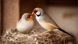 © Igor - Two small birds interacting in a nest with hay
