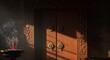 © cecil - A dimly lit room with intricately carved wooden doors and incense sticks emitting smoke from a burner on the left