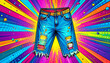 © Reyhadus - Pop art style ripped denim jeans on colorful comic background with dynamic rays. Vibrant fashion illustration inspired by retro pop culture design.