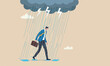 © kadir - Having bad day, work, discourage or depression, failure feeling bad or difficulty, having problem and trouble concept, depressed wet businessman walking in raining thunderstorm.