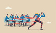 © Nazma - Business difficulty or struggle with career obstacle, limitation and trap or challenge success concept, businessman tied red tape team trying run with full effort.