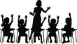 © MDNASIR - Silhouette of a female teacher standing in front of diverse primary school students sitting at desks with raised hands in classroom