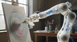© Raj - Robotic arm creates abstract art on canvas using feather brush in studio with colorful swirling patterns, technological innovation and creativity concept, AI painting masterpiece