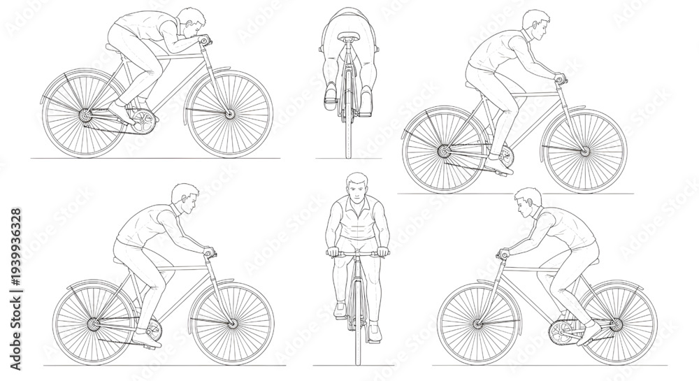 Cyclist Riding Bicycle AutoCAD Blueprint Vector – Multi View Human ...