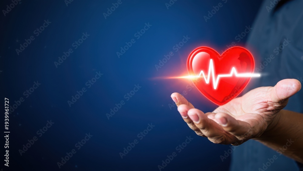 Hand holding red heart with glowing ecg line on blue background ...