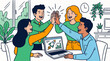 © SYATRI RAWU - Illustration of a diverse team celebrating a successful business venture, high-fiving in a modern office setting, symbolizing teamwork and growth