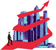 © ImageFlow - A man in suit walking upward on bold red path around tall city buildings in collage style on white background, concept of business progress