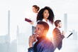 © ImageFlow - Group of business people in double exposure style on light cityscape background, concept of teamwork and innovation and future growth
