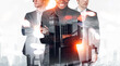 © ImageFlow - Business people blended with city skyline in doubleexposure style on bright urban background showing teamwork and progress concept