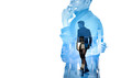 © ImageFlow - Double exposure showing a thoughtful professional with cityscape overlay in a creative photo style on white background, concept of ambition