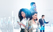© ImageFlow - Group of people using phones with financial chart graphics on light city background, concept of future market and invest analytics in creative style