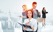 © ImageFlow - Group of business people with notebooks in a creative blended style on a light city skyline background, concept of teamwork and planning