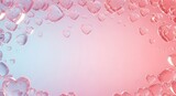 Soft pink and blue gradient background with heart shaped water drops and sparkling reflections
