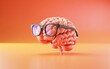 © Fahad - A human brain wearing eyeglasses standing on a vibrant orange surface, viewed from the side, showcasing cognition and intelligence.