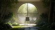 © Sahnaj - Serene modern interior with large circular window overlooking lush greenery and chair in peaceful atmosphere