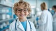 © Larisa AI - A cheerful young boy wearing glasses and a lab coat holds a stethoscope, embodying the spirit of curiosity and the future of medical science in an engaging, friendly setting.