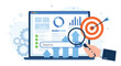 © Yekes Peodn - Business data analysis concept with laptop showing financial charts graphs magnifying glass searching information target arrow and hand holding loupe
