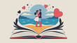 © Zubair - Loving couple embracing on beach from book heart surrounded by hearts and flowers romantic atmosphere sunny day blue sky with clouds ocean waves