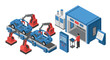 © Vario - Isometric Car Manufacturing Assembly Line with Robotic Arms and Human Worker.