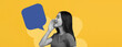 © Prostock-studio - A woman stands in a bright location. She appears to be speaking loudly while looking forward. A speech bubble is shown next to her. The background is colorful and dynamic.