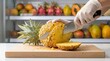 © Yonanda - Professional chef in gloves slicing a fresh ripe pineapple on a wooden cutting board with a sharp knife