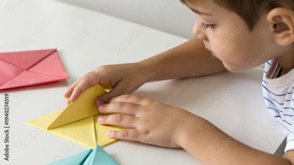 A young child folding colorful paper into origami shapes on a white ...