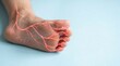 © Ghulam - Human foot sole displays glowing red circulatory system network illustrating peripheral neuropathy or circulation issues against a light blue background.