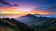 © ALA - Mountain view above clouds flowers and blooming bushes at sunset sunbeams. Calm close-up beautiful landscape, screensaver background, Beautiful panorama. Summer vacation, holiday, amazing nature.