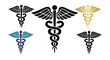 © Mohidul - A gold caduceus medical symbol featuring wings and snakes is presented as a vector icon set with Celtic knots for healthcare and pharmaceutical pharmacy logos isolated on a white background
