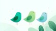© pkproject - Three charming stylized birds in teal green and blue hues sit on a perch against a soft minimalist backdrop with nature hints conveying peace and togetherness