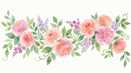  Soft watercolor floral border featuring pink roses, lavender sprigs and green leaves for invitations and design projects