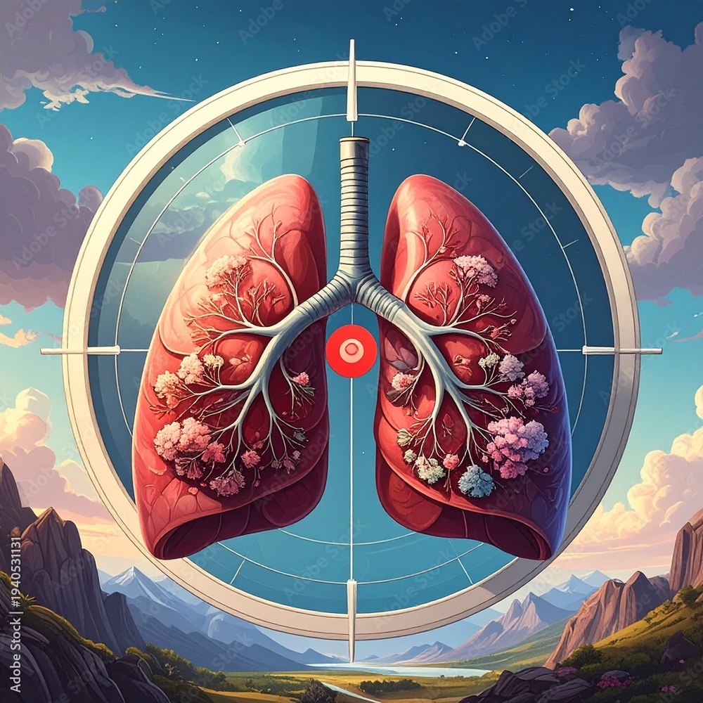 3D human lungs anatomy illustration in medical magnifying glass with ...