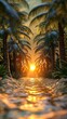 © dewpra - Tropical paradise with sunlit pathway through palm trees at golden hour splendor