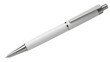 © Khan2024 - A sleek modern white ballpoint pen with polished silver metallic accents on its tip and clip captured in a professional