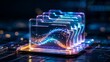 © Stocker - Digital data organized in transparent futuristic folders on glowing platform abstract technological concept for data management and storage innovation glowing waves and futuristic lines