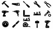 © VectorGomes - Solid black icons for hand tools and woodworking. Hammers, saws, and professional construction equipment collection. Vector illustration for hardware store apps, DIY websites, and repair service brand