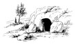© Celestynka - Artistic vector sketch of an empty tomb cave in a rocky biblical landscape