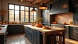 © miss irine - Modern rustic kitchen with fall decor. Large windows show autumn trees. Countertops and island feature pumpkins and gourds. Cozy atmosphere, ready for harvest season cooking.