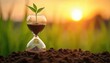 © miss irine - Hourglass with plant sprout on soil at sunset. Represents time passing, growth, new beginnings, and future planning. Natural scene with warm light.