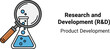 © Toqeer - Magnifying glass examines bubbling liquid in a laboratory flask representing research and development concepts.