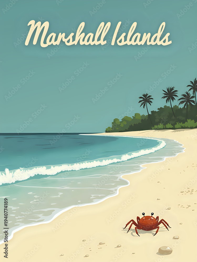 Soft sand meets gentle waves on the beach in the Marshall Islands. A crab walks along the shore near palm trees under a clear sky. This scene captures a typical day by the ocean.