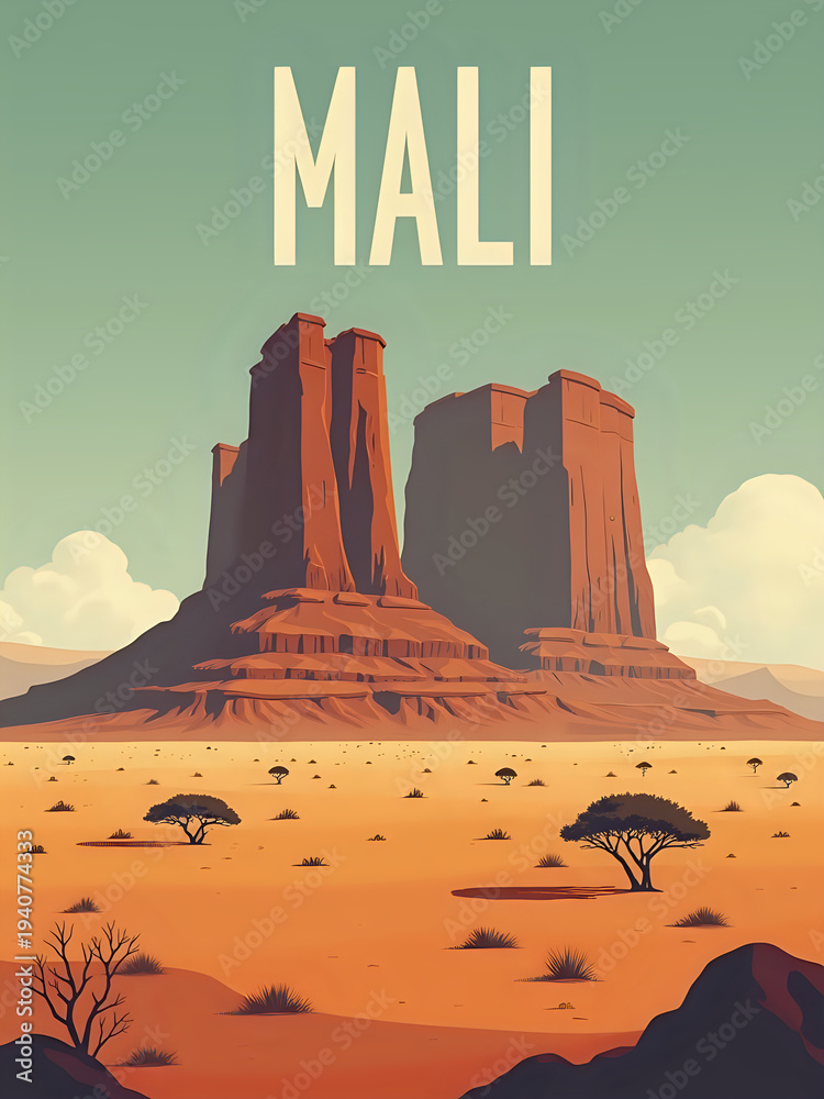 Bright landscape shows two large rock formations in Mali. The sky has shades of blue and green. Dry land with a few trees stretches into the distance. This scene captures natural beauty and openness.