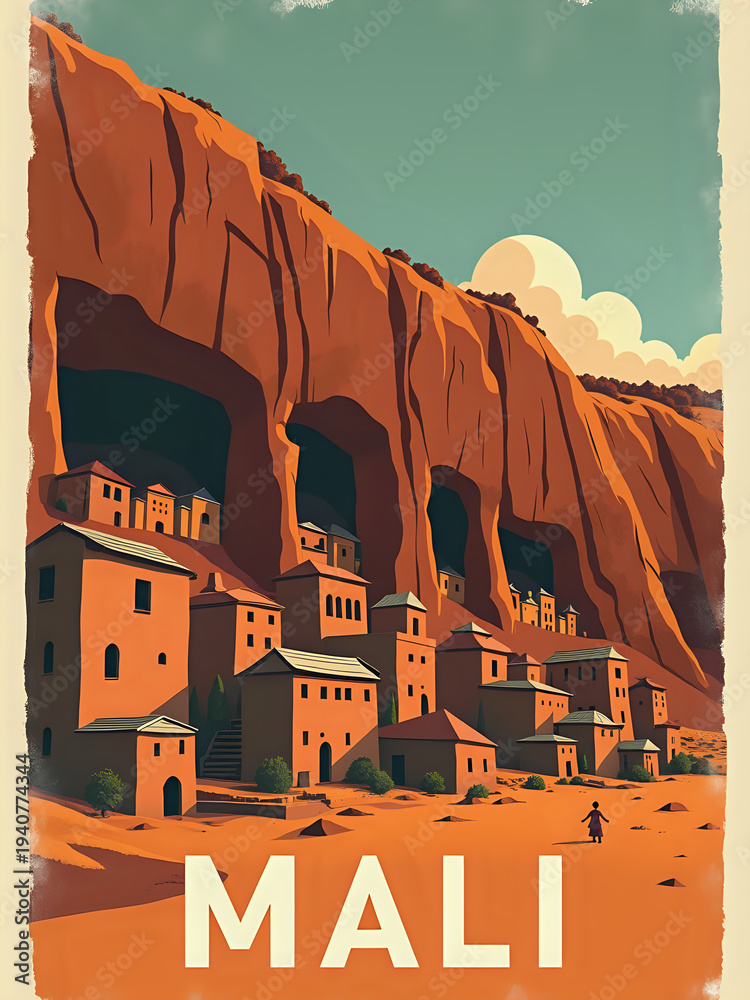 Houses set into cliff faces in Mali. The buildings have flat roofs and are made from clay. A person walks in the sandy area in front of the cliffs. The sky is blue with some clouds.